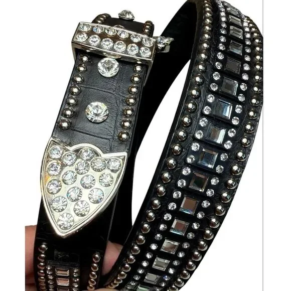 Western Rhinestone Crystal Belt Black Genuine Leather Croc Embossed Studded SM - Picture 4 of 15